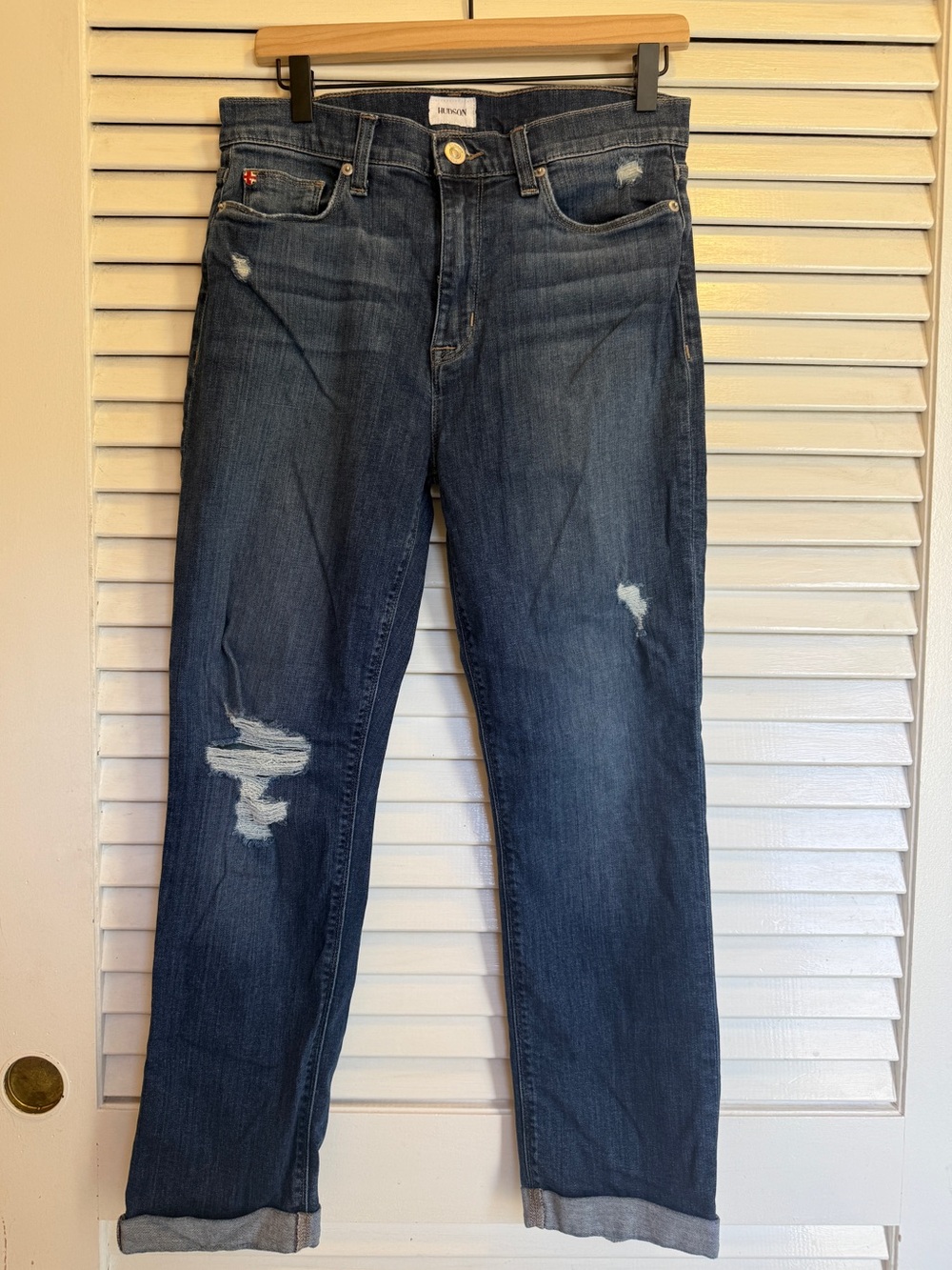Hudson Jeans Dark Blue Distressed Boyfriend Jeans High Rise & Cropped